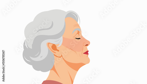 Elderly woman with gray hair in profile enjoying a moment of tranquility in a serene setting