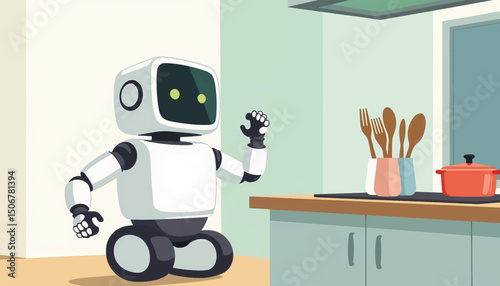 Robot prepares for cooking in modern kitchen during daytime