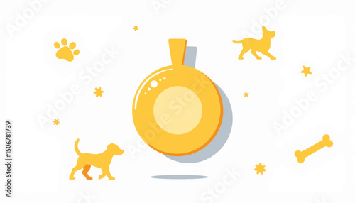 Pet identification tags with playful design featuring dogs and stars in a vibrant yellow color