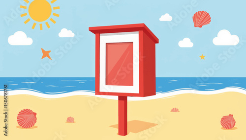 Colorful mailbox stands on sandy beach near ocean under bright sun with seashells scattered around