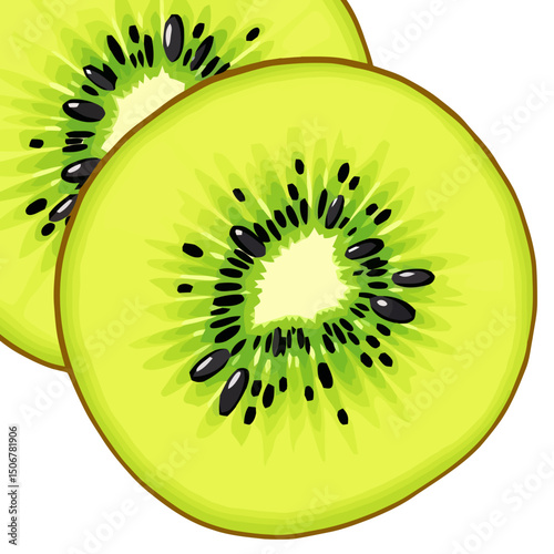 Fresh Kiwi Delight: Close-up of sliced kiwi, revealing vibrant green flesh dotted with tiny black seeds. A visually appealing and refreshing view of a juicy, nutritious fruit.
