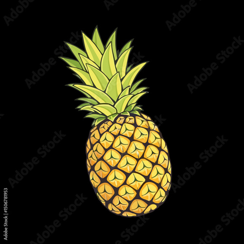 Tropical Delight: A vibrant and inviting illustration of a fresh pineapple, showcasing its textured skin and spiky crown against a dark background, symbolizing exotic freshness and summertime charm.