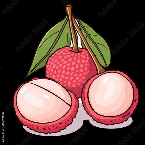 Lychee Fruit Illustration: A vibrant illustration showcasing a whole lychee fruit and two halved lychees, revealing their succulent, white flesh.  The illustration features detailed leaves and stems.