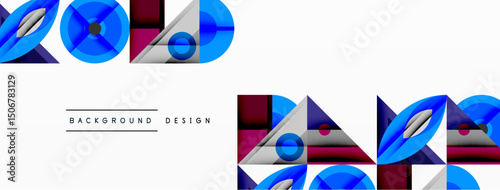 Abstract geometric shapes create modern background. Blue, maroon, gray colors dominate design with layered elements. Minimalist style.