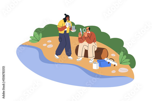 Ecology scientists taking water samples, checking, examining and studying quality. Ecologists collecting aqua outdoors for research, analysis. Flat vector illustration isolated on white background.