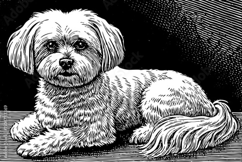 Maltese dog black and white isolated hand drawn sketch