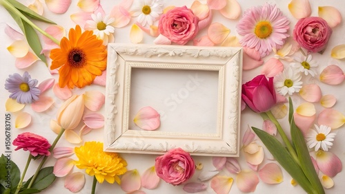 Summer creative layout made of flowers asters, dahlias, calendula with white border for text and greetings. Floral Greeting card. Nature trendy decorative design. Flat lay.


