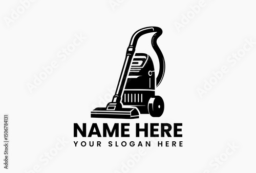 Modern canister vacuum cleaner vector logo in stylized black and white with hose and cleaning head attachment