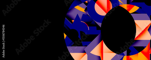 Abstract geometric design. Shapes overlap, creating vibrant color patterns. Dark circle dominates composition. Modern, artistic style.
