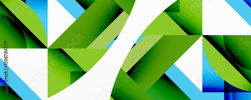 Abstract geometric shapes, vibrant greens, blues, whites create dynamic composition. Modern design, sharp angles, clean lines dominate visual space.