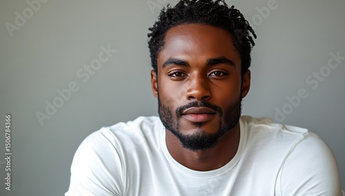 Mockup of person with short curly hair wearing white shirt on gray background

 photo