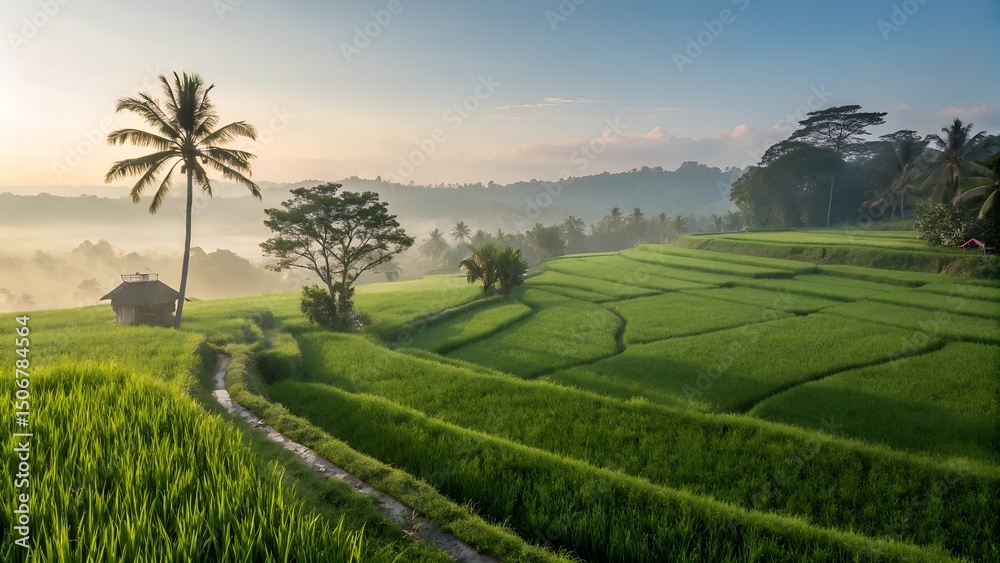 Fototapeta premium Color woodcut style Chinese country nature scene landscape 