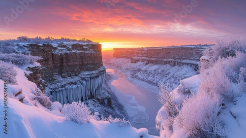dramatic icy canyon glowing under the warm colors of a winter sunset with frosted cliffs towering above, Generative AI