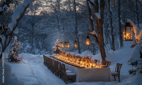 elegantly set holiday feast surrounded by snow-covered trees illuminated by glowing lanterns, Generative AI
