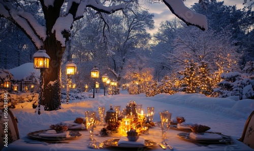 elegantly set holiday feast surrounded by snow-covered trees illuminated by glowing lanterns, Generative AI