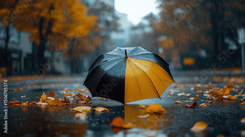 An umbrella in the rain during 