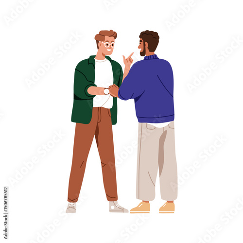 Happy men shaking hands. Colleague friends handshake. Business partners, friendly communication and meeting. Agreement, trust, deal and greeting gesture. Flat vector illustration, white background.
