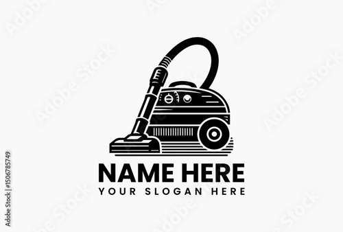 Black and white vector logo of modern canister vacuum with detailed hose and cleaning head components