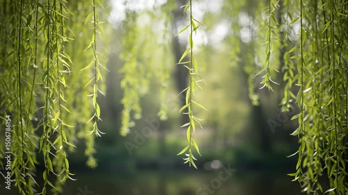 Green Willow Branches Over Lake With Sunlight And Blurred Background