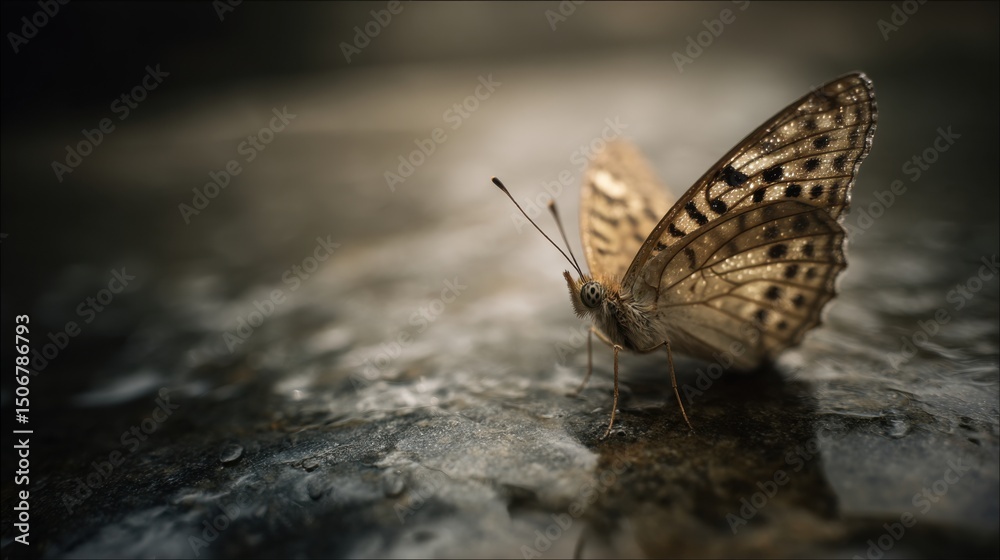 Obraz premium Butterfly Resting on Wet Stone with Droplets and Urban Mood