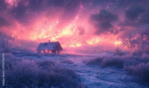 dramatic northern lights illuminating a frosted field with a glowing cabin in the distance, Generative AI