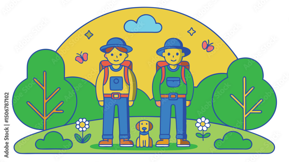 Fototapeta premium Colorful Cartoon Hikers with Backpacks,Dog,Trees,Cloud, Star in Outdoor Landscape