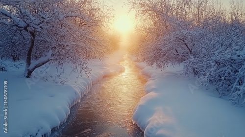 tranquil frozen stream meandering through a snowy orchard with sunlight filtering through frost-covered branches, Generative AI
