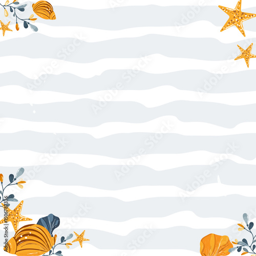 Cute Whale and Sea Elements on Striped Background – Nursery Wall Art, Baby Shower Invitation, Kids Birthday Decor, Ocean Theme Illustration