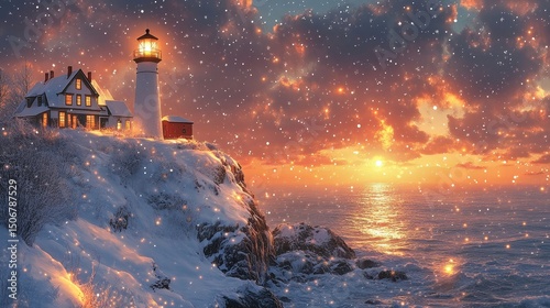 elegantly illustrated Christmas card featuring a glowing snowy windmill surrounded by frosted fields, Generative AI