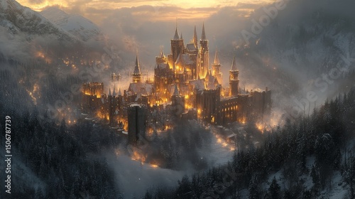 majestic snow-covered castle glowing under vibrant northern lights with a frosty forest in the foreground, Generative AI