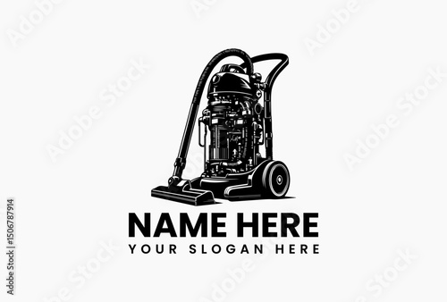 Black and white vector logo of modern canister vacuum with detailed hose and cleaning head components