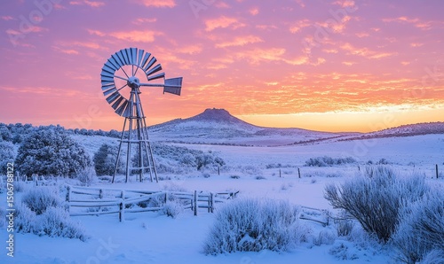 majestic snow-dusted windmill glowing softly under the golden light of a winter sunrise, Generative AI