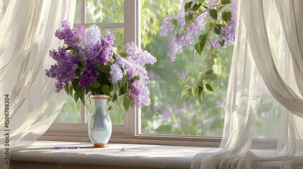 Fototapeta premium open window with sheer curtains, vase of lilac on windowsill, gentle sunlight and singing birds outside