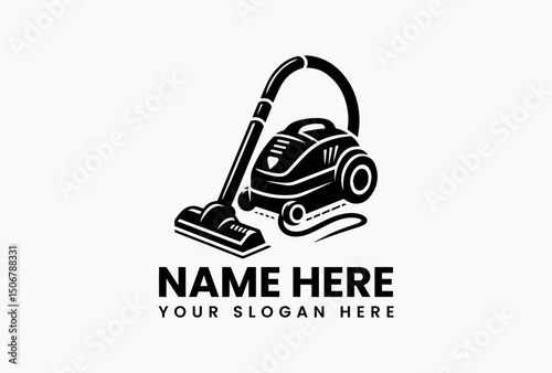 Black and white vector logo of modern canister vacuum with detailed hose and cleaning head components