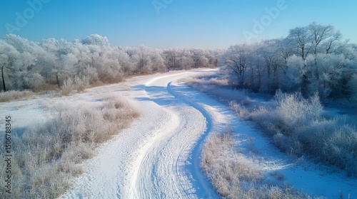 picturesque snowy trail winding through a dense frosted forest under a clear blue sky, Generative AI