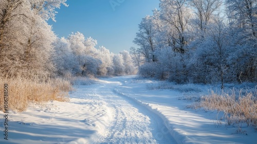 picturesque snowy trail winding through a dense frosted forest under a clear blue sky, Generative AI