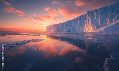 dramatic icy cliffs towering over a tranquil frozen sea reflecting the warm tones of sunset, Generative AI