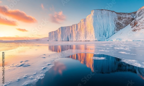 dramatic icy cliffs towering over a tranquil frozen sea reflecting the warm tones of sunset, Generative AI