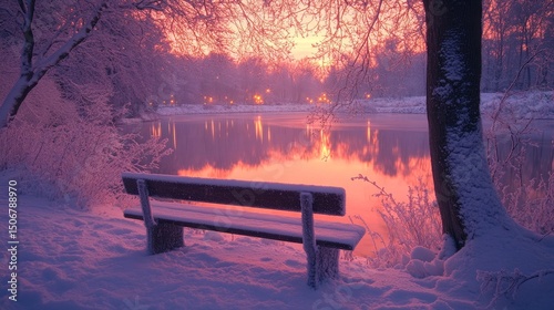 tranquil snowy bench overlooking a serene frozen stream under golden light of dawn, Generative AI