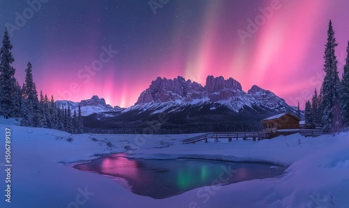 majestic snow-draped peaks glowing under the vibrant hues of an aurora borealis, Generative AI
