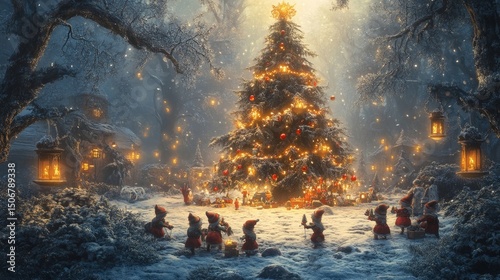 whimsical depiction of elves decorating a giant tree in a frosted forest clearing under glowing lanterns, Generative AI