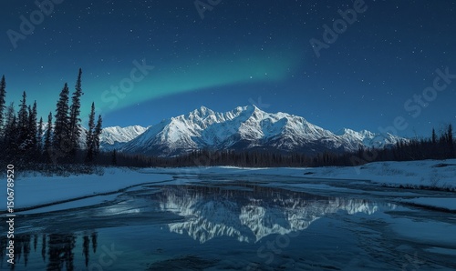 Aurora shimmering gently above a snow-draped mountain range reflecting in icy rivers winding below, Generative AI