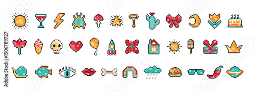 Colorful Pixel Art Set with Retro Game Assets. 8 bit pixel objects Vector illustration 