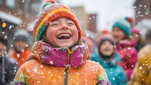 cheerful holiday parade with colorful floats, performers, and children laughing in a snowy town square, Generative AI
