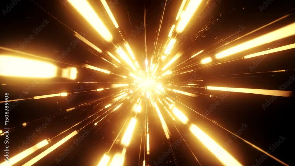Abstract animation of bright golden tubular light beams and glowing particles radiating from a central starburst on a dark background, creating a tunnel effect
