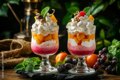 Colorful layered dessert in a glass with whipped cream and fruit.