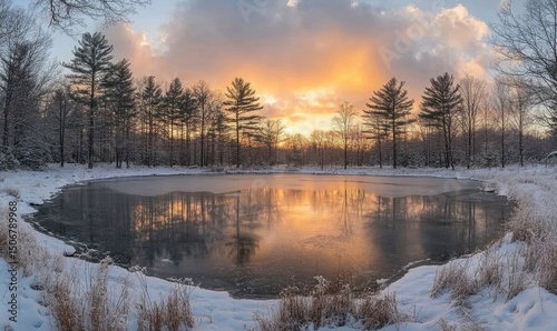 tranquil frozen lake surrounded by snow-covered trees reflecting soft golden hues of a winter sunset, Generative AI