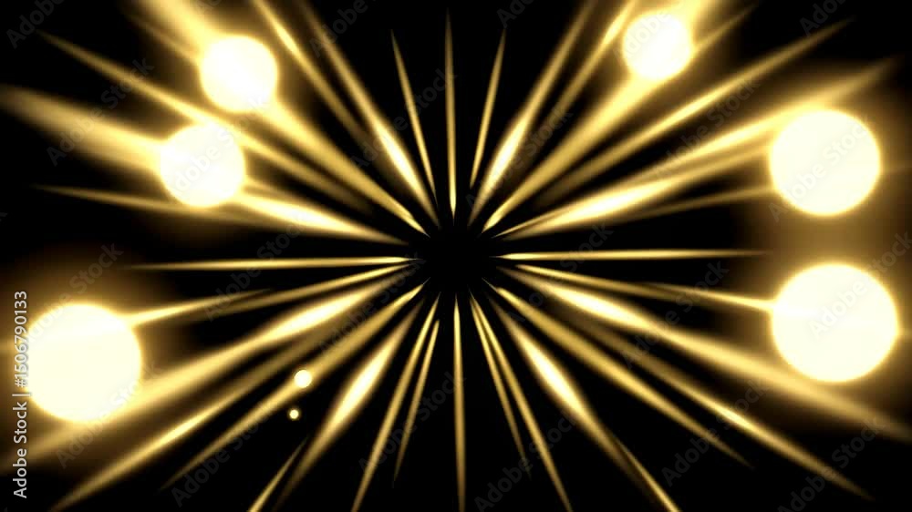 Abstract animation of radiating golden light beams from a central point, with bright circular bokeh lights appearing at the periphery on a black background