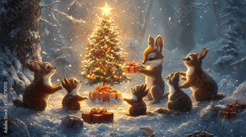 artistic depiction of woodland animals exchanging gifts around a glowing decorated tree in a frosted meadow, Generative AI
