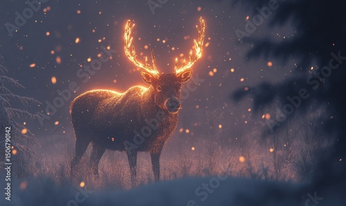 majestic reindeer with glowing antlers standing in a snowy clearing under softly falling snow, Generative AI